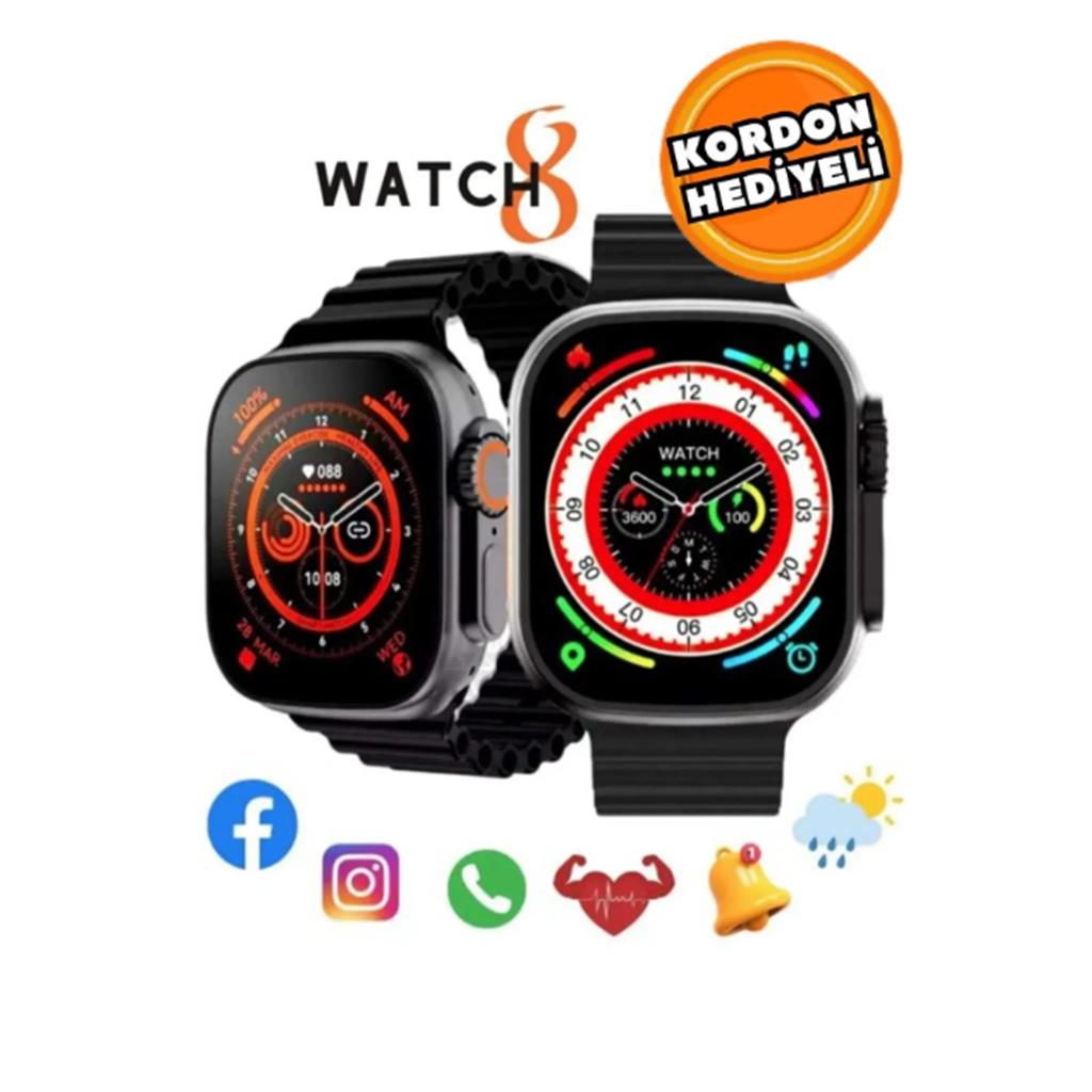 Watch 8 Ultra Siyah Akıllı Saat Arama Yapma, Sensörlü, Spor Mod, Bildirim, Türkçe Smart Watch