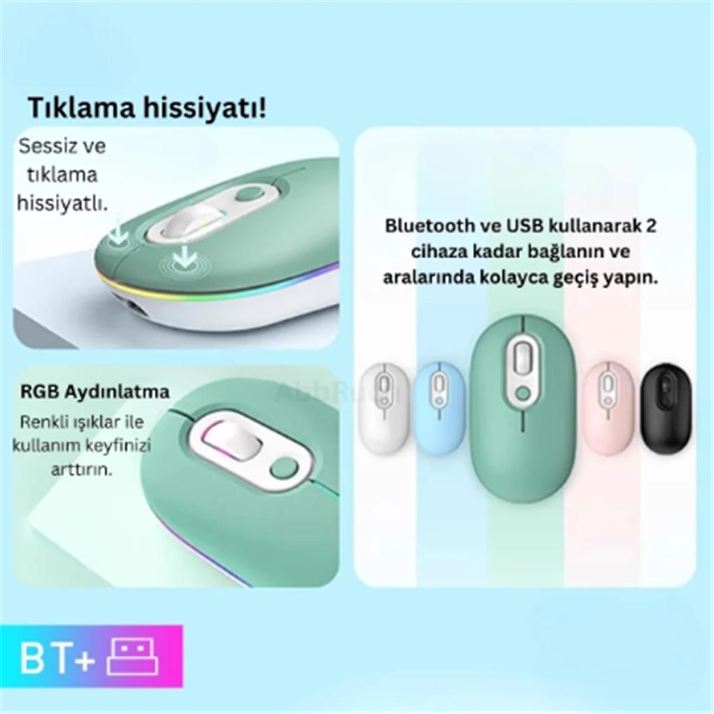 Kablosuz Mouse Bluetooth Wireless Çift Mod