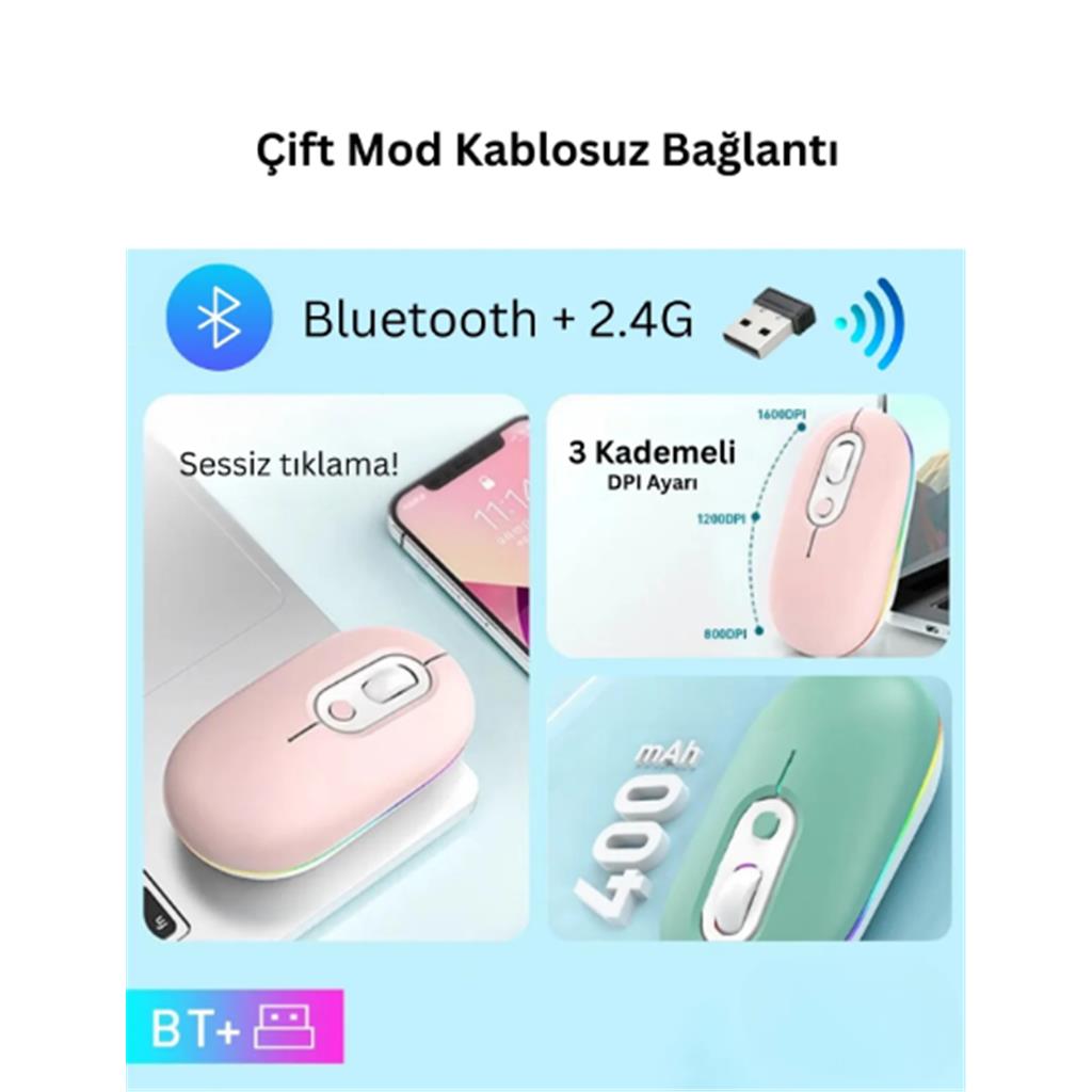 Kablosuz Mouse Bluetooth Wireless Çift Mod