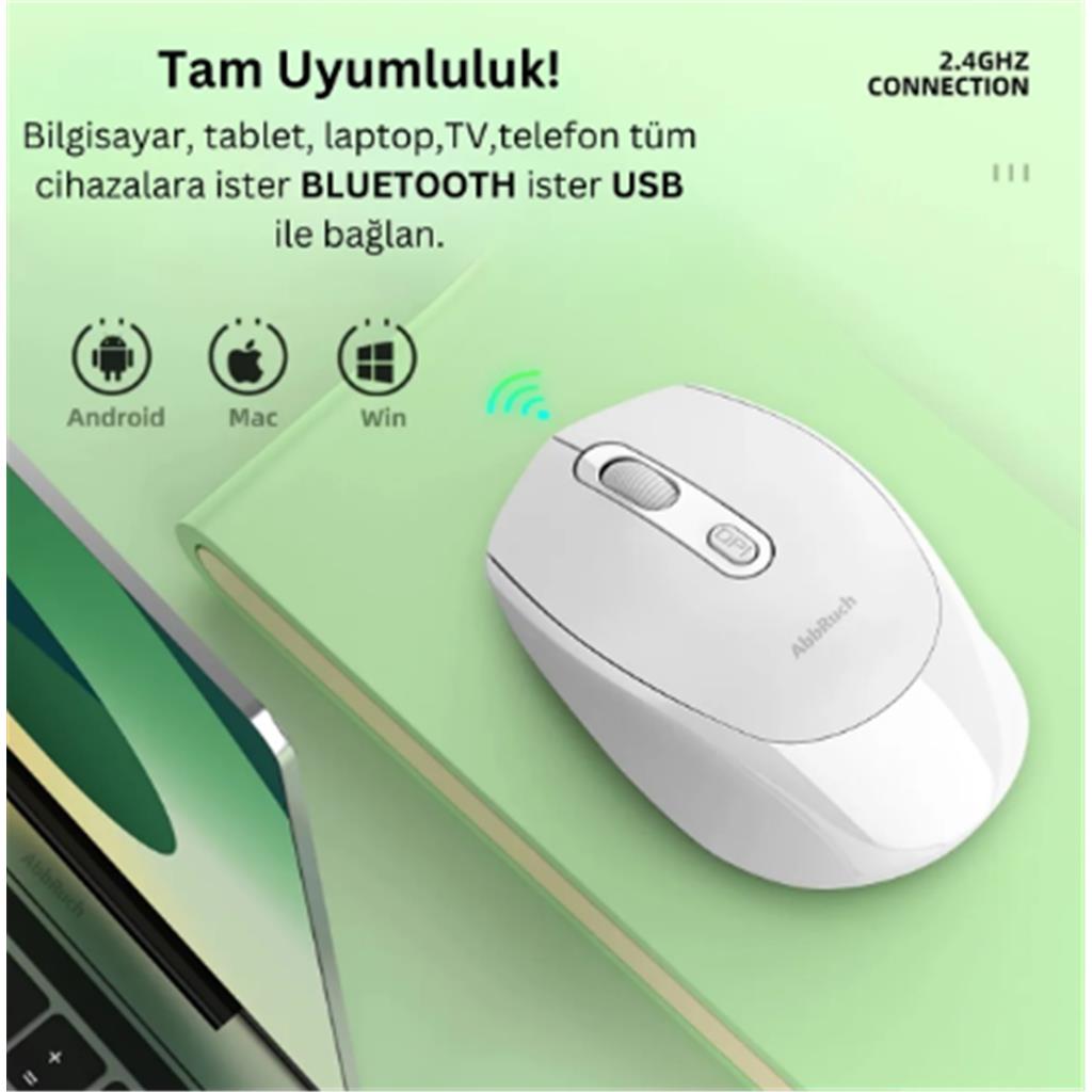 Kablosuz Mouse Bluetooth Wireless Çift Mod'lu USB 2.4g Şarj Edilebilir 800/1200/1600dpi Işıklı Fare