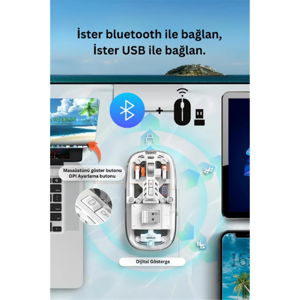 Kablosuz Fare Wireless Optik Mouse 5 Tuşlu Çift Modlu Usb 2.4g Sessiz Şarj Edilebilir Dpı Kontrol