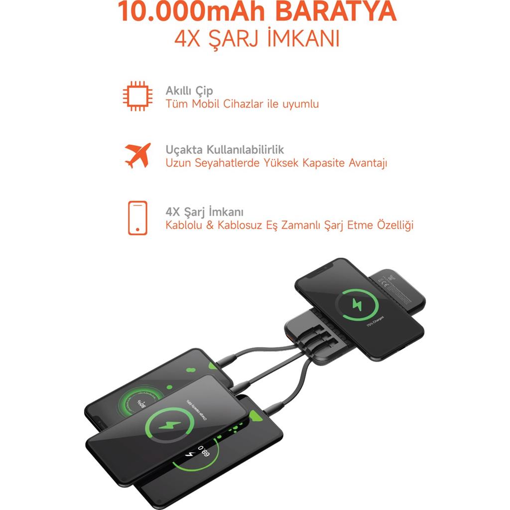 Snarpon 10.000 Mah Vantuzlu Wireless Standlı Powerbank Dahili Çoklu Kablo 3in1 Kablolu ve Kablosuz