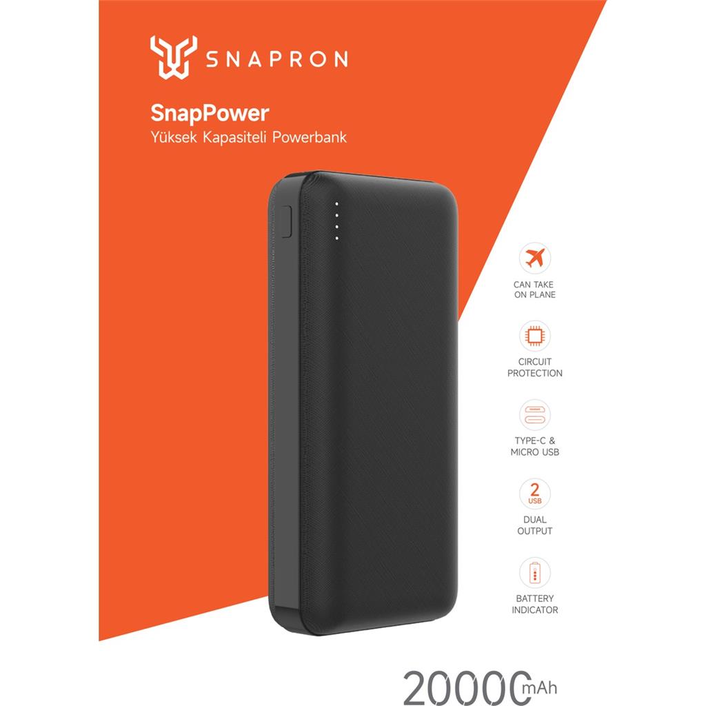 Snarpon 20.000 Mah Powerbank 2 USB Çıkışlı 1type-C Girişli SNP-3002 Siiyah