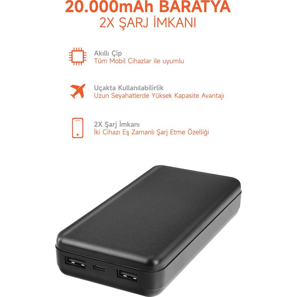 Snarpon 20.000 Mah Powerbank 2 USB Çıkışlı 1type-C Girişli SNP-3002 Siiyah