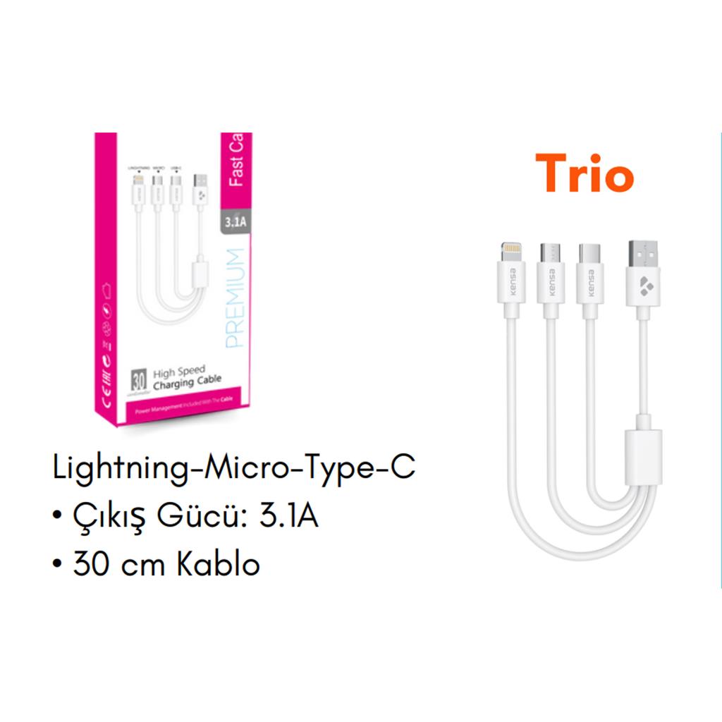 Lightning-Micro-Type-C Hızlı Kablo Şarj Kablosu TRİO  3.1A