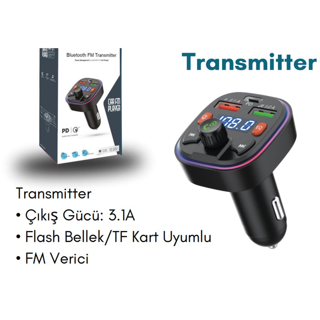 Araç Bluetooth Fm Transmitter Mp3 ve Şarj Cihazı Dijital Led Ekranlı