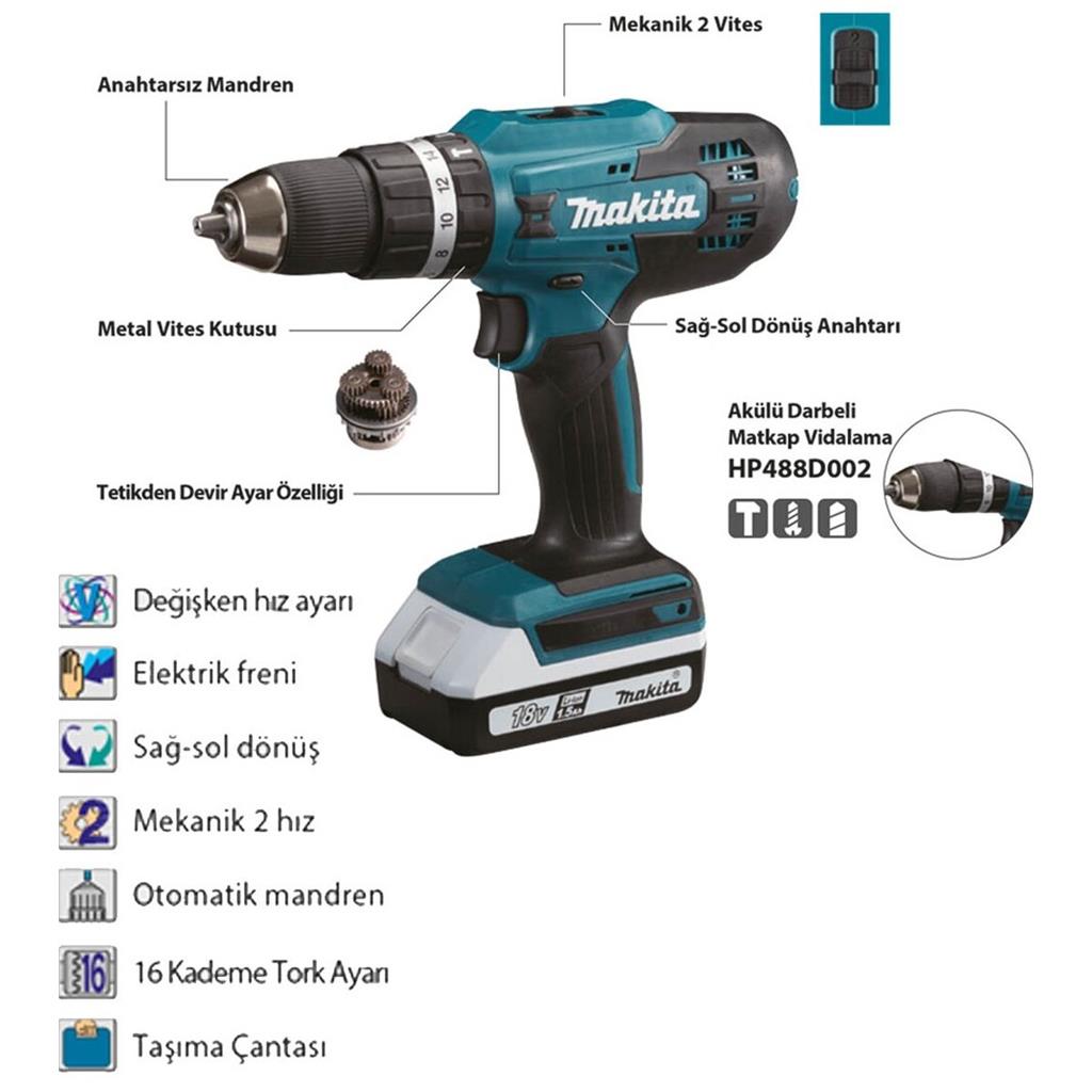 Makita Darbeli Matkap Vidalama 18V 1,5AH Çift Akü HP488D002