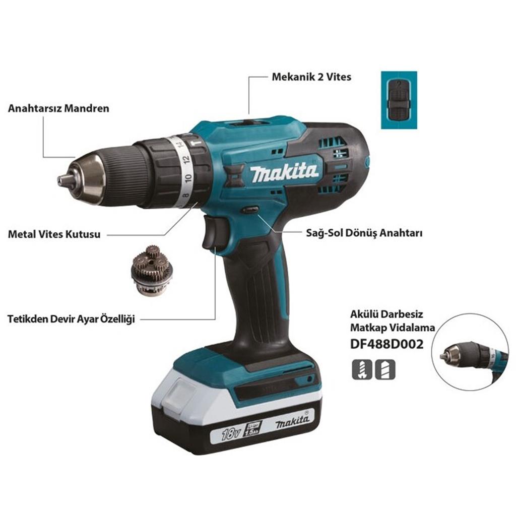 Makita Akülü Darbesiz Matkap Vidalama 1,5 A 18V  DF488D002