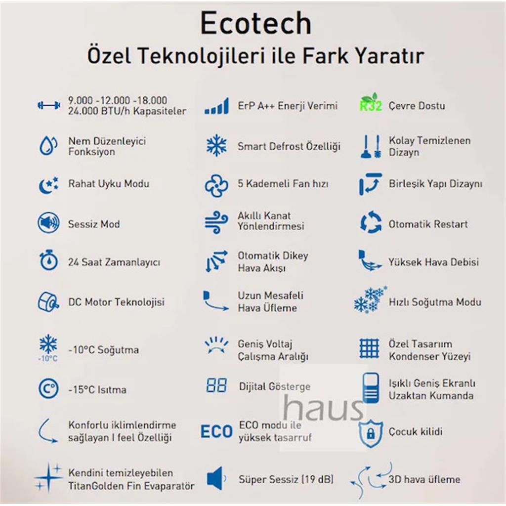 E.C.A Ecotech ESA2109A100 9.000 Btu Inverter Duvar Tipi Split Klima (Montaj Dahil)