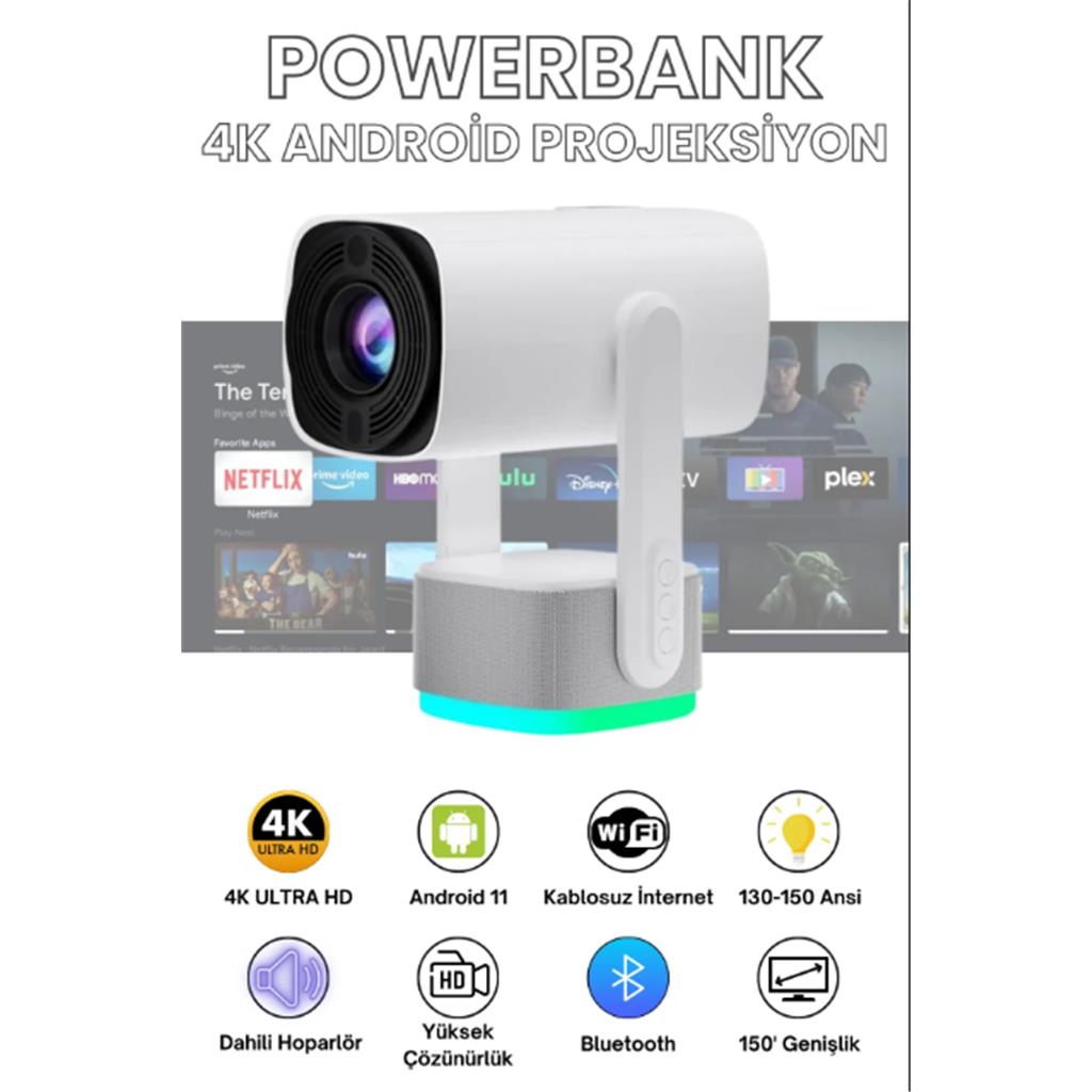 Powerbanklı Android Taşınabilir Projeksiyon Wifi Ve 4k Destekli Rgb Led Akıllı Sinema Projektör